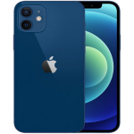 En blå iPhone med baksidan och framsidan synlig. Baksidan visar Apple-logotypen och dubbla kameror, medan framsidan visar skärmen med en blå och grön abstrakt tapet.