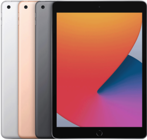 Fyra surfplattor visas, en med en färgstark abstrakt skärm och de andra med baksidor i silver, guld och rymdgrått. Den slimmade Laga iPad-designen har en enda bakre kamera för ett elegant och modernt utseende.