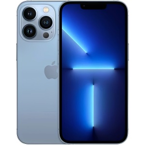 IPhone 13 Pro 128 GB i Sierra Blue (Utmärkt Skick-100%) visas fram och bak, med tre bakre kameror, en synlig Apple-logotyp och en blå geometrisk gradienttapet på displayen.