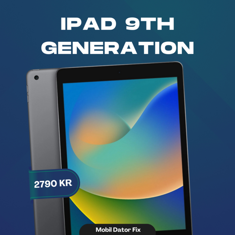 En annons för iPad 9th Gen 64GB Wifi Apple Refurbished visar en del av en surfplatta med en färgglad skärm, priset 2790 KR i en blå etikett och "Mobil Dator Fix" längst ned.