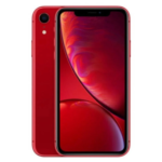 IPhone XR 64 GB i rött, visad från framsidan med en livlig röd abstrakt tapet och från baksidan, har en enda bakre kamera. Den är i utmärkt skick med 100% batterihälsa.