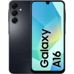 Samsung A16 - 128GB - Svart visas med en blå och gul gradienttapet med texten "Galaxy A16" på framsidan, och dess svarta baksida rymmer tre kameralinser uppe till vänster.