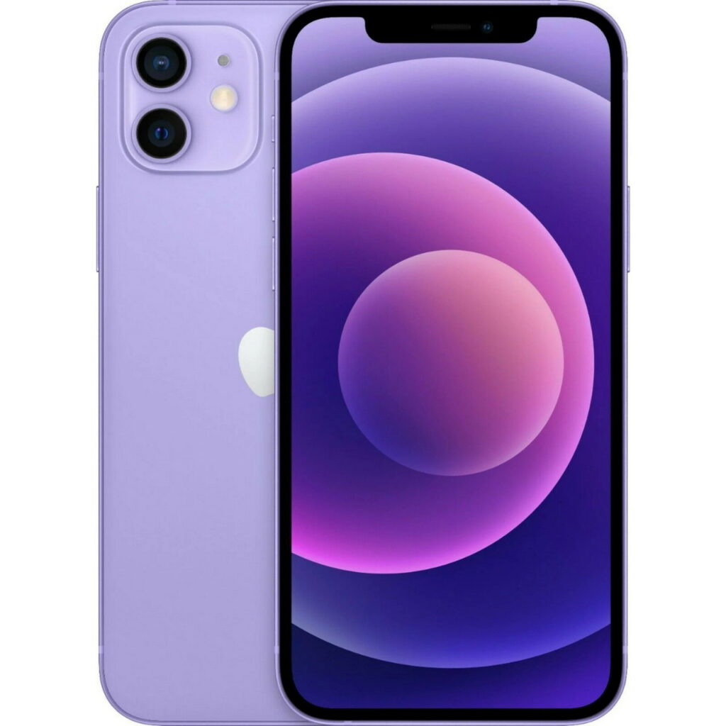 IPhone 12 Mini 64GB i lilla visas fram och bak; displayen har ett lila och rosa abstrakt cirkulärt mönster, medan baksidan har dubbla kameror och en vit Apple-logotyp.