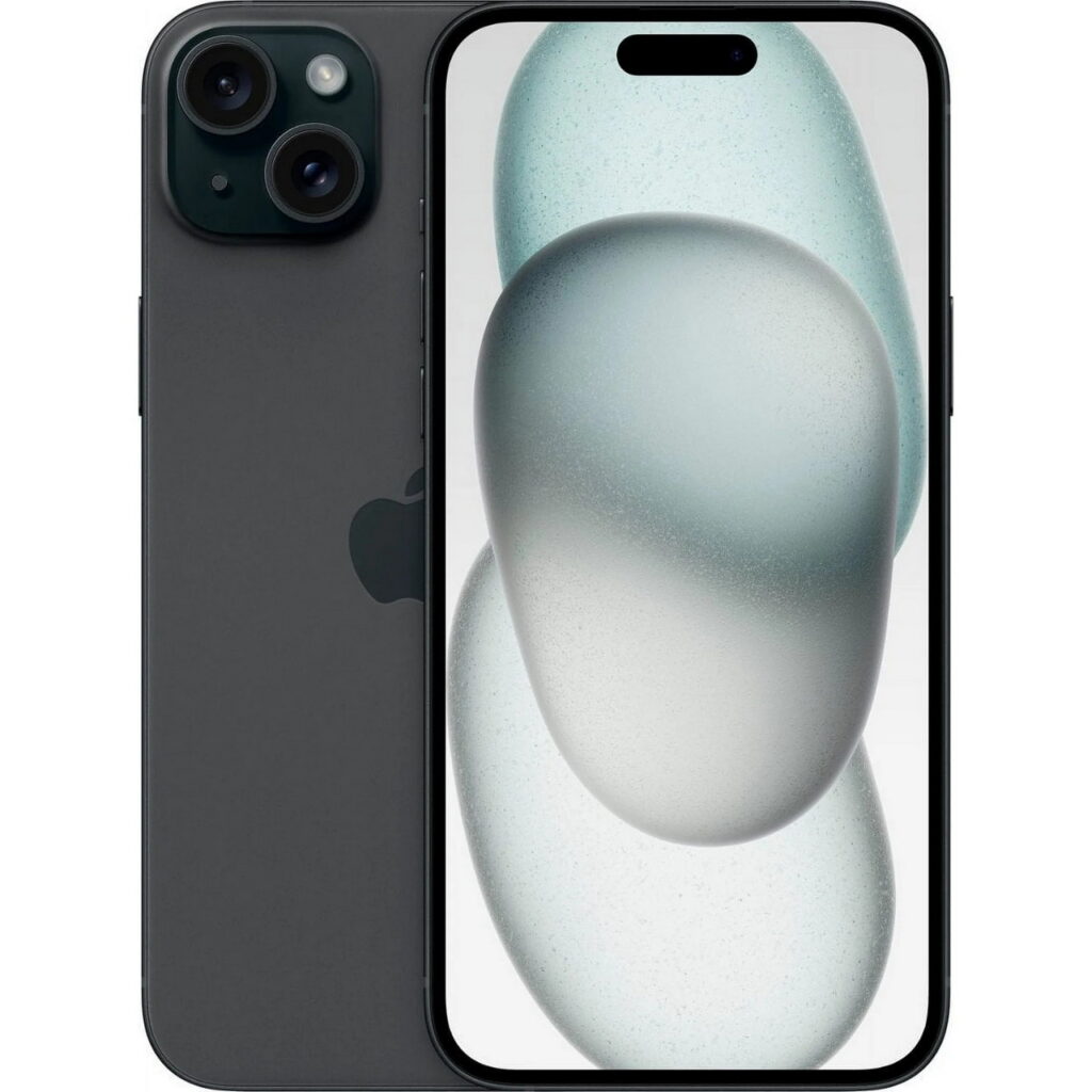 IPhone 15 Plus i grafit har en elegant mörk finish, dubbla kameror och en framträdande logotyp. Dess skärm visar abstrakta överlappande ovaler i mjuka färger.