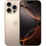 IPhone 16 Pro 128GB i Desert Titanium Premium Skick har en guldfinish, ett trippelkamerasystem och en Apple-logotyp på baksidan. Frontdisplayen visar en mörk abstrakt tapet med cirkulära mönster.