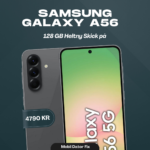 En Samsung A56 Svart 256 GB 5G Helt Ny smartphone är vinklad för att visa sin bakre trippelkamera och en del av skärmen. Texten ovan säger "Samsung A56 Svart 256 GB 5G Helt Ny" med en prislapp på "4790 KR.