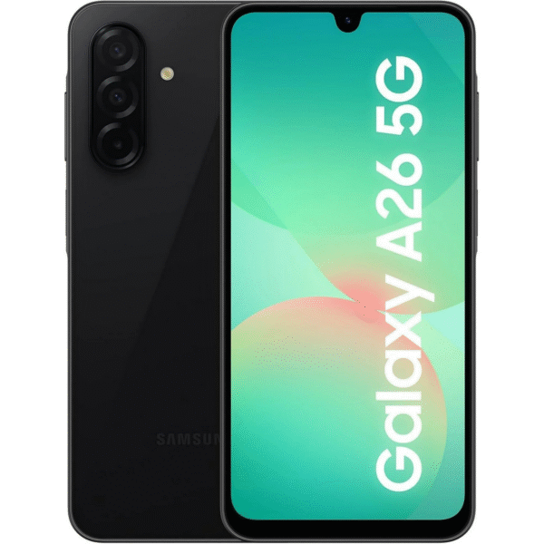 Fram- och baksida av Samsung A26 5G 256G Svart - HeltNy. Den främre skärmen visar "Galaxy A26 5G" på en blågrön gradient, medan baksidan har tre vertikalt staplade kameror.