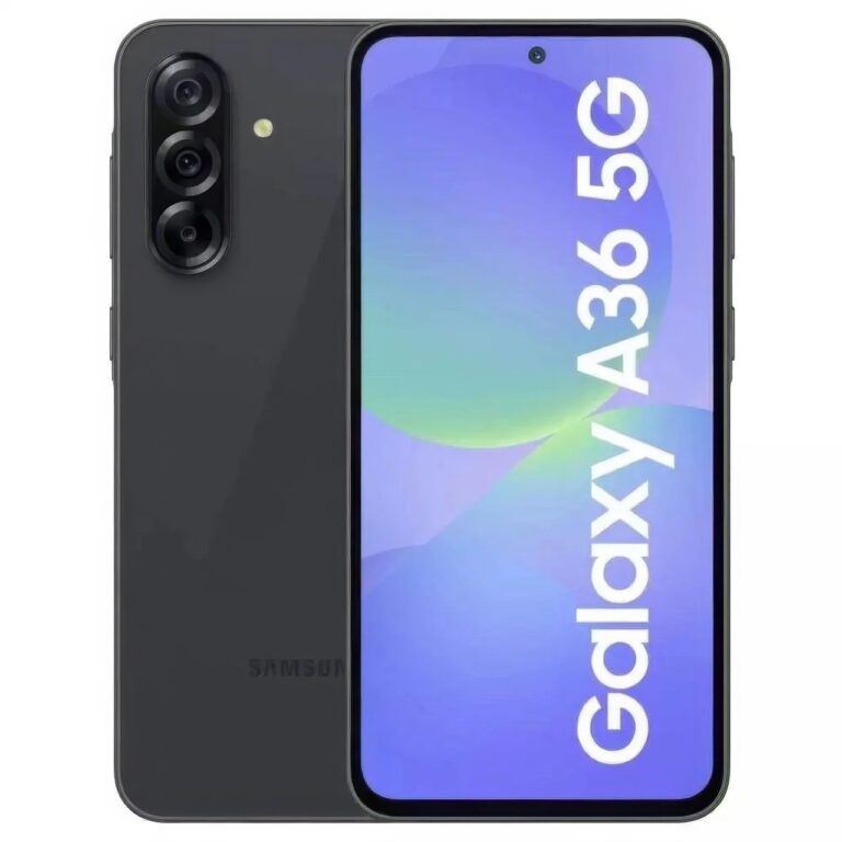 En svart Samsung A26 5G 256G smartphone visas, med en enhet som visar startskärmen med "Galaxy A26 5G" i stor vit text och en annan som visar baksidan med tredubbla kameror.