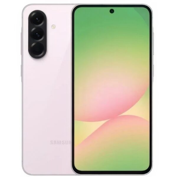 Samsung A56 Rosa 128 GB 5G Helt Ny har en ljusrosa baksida med tre bakre kameror och visas tillsammans med sin framsida, som visar en grön och persika gradient tapet.
