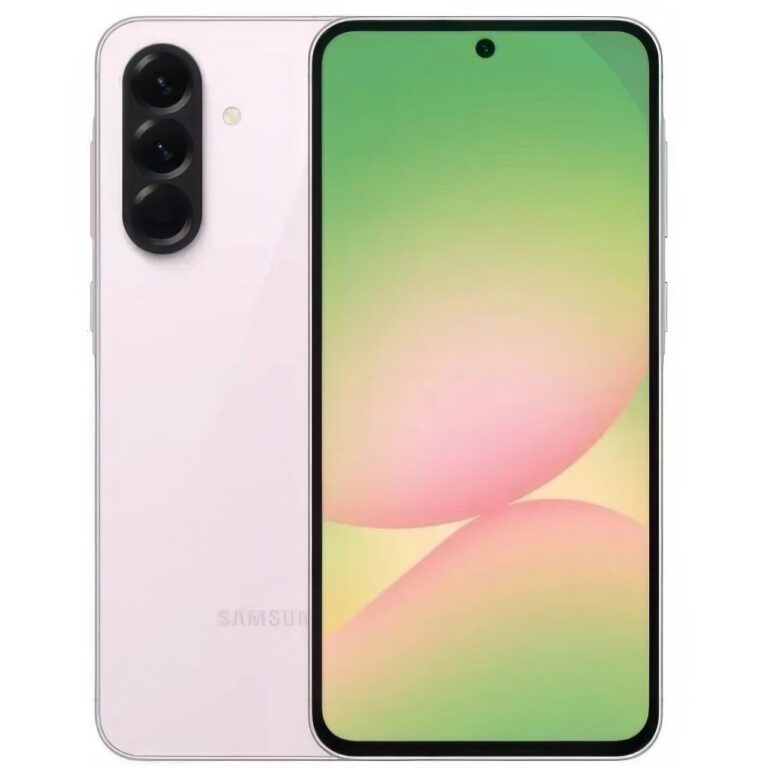 Samsung A56 Rosa 128 GB 5G Helt Ny har en ljusrosa baksida med tre bakre kameror och visas tillsammans med sin framsida, som visar en grön och persika gradient tapet.