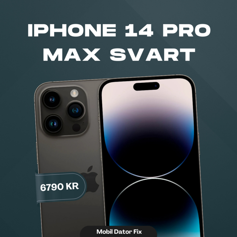 En iPhone 14 Pro Max - 128GB - Svart - Utmärkt - Batteri 100% visas med priset "6790 KR" och texten "iPhone 14 Pro Max Svart" ovanför. Längst ner visas logotypen "Mobil Dator Fix".