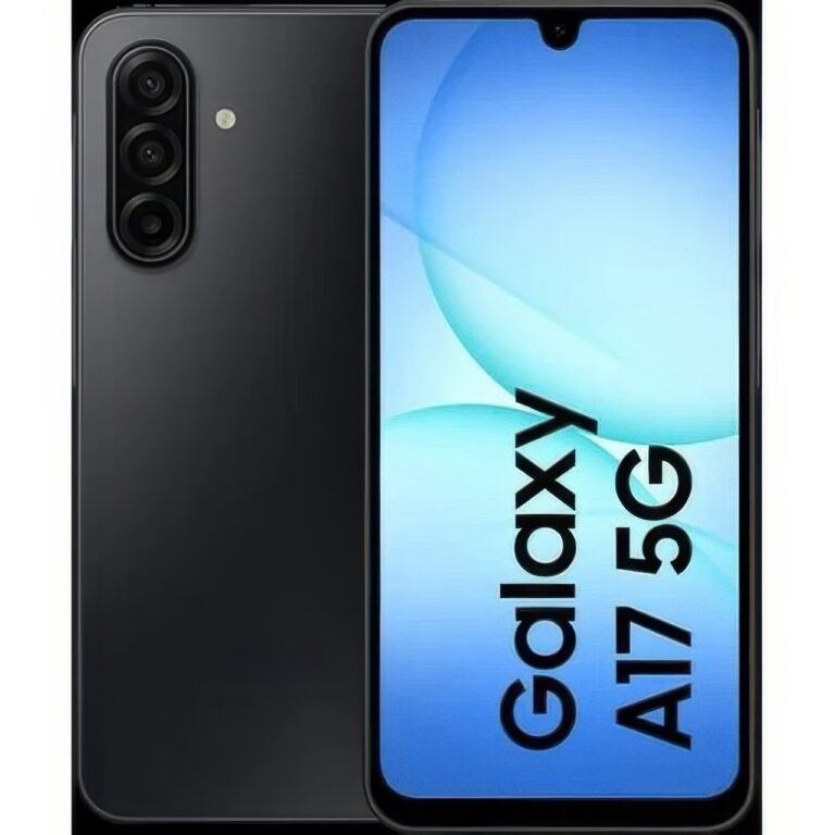 En svart Samsung Galaxy A17 5G-smartphone visas från baksidan och framsidan. Baksidan visar trippelkameror och en LED-blixt, medan den främre skärmen visar "Galaxy A17 5G" på en blå bakgrund.