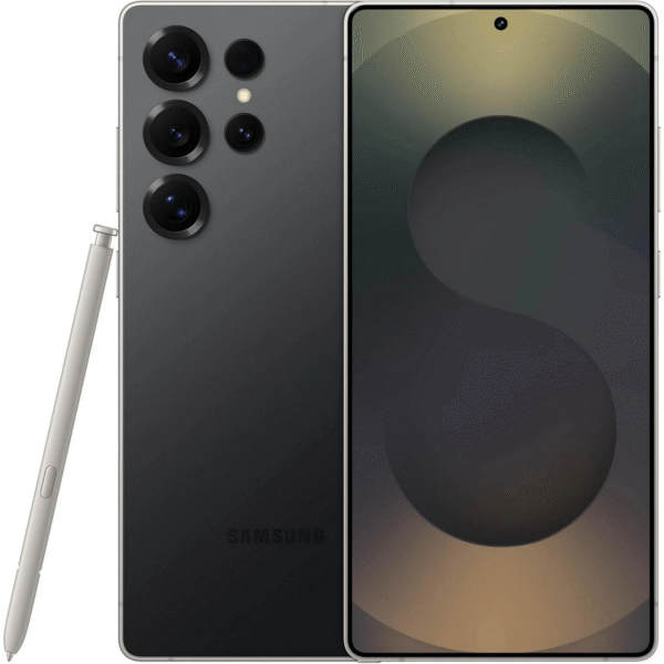 En Samsung Galaxy S23 Ultra smartphone i svart visas på fram- och baksidan; på baksidan finns fyra kameror och en S Pen-pennan, medan framsidan har en stor, stiliserad "S"-grafik.