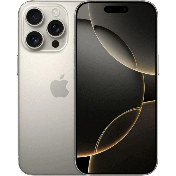 En silverfärgad iPhone med tre bakre kameror och Apple-logotypen visas från baksidan och framsidan. Telefonens skärm visar en abstrakt, cirkulär design i svart och guld.