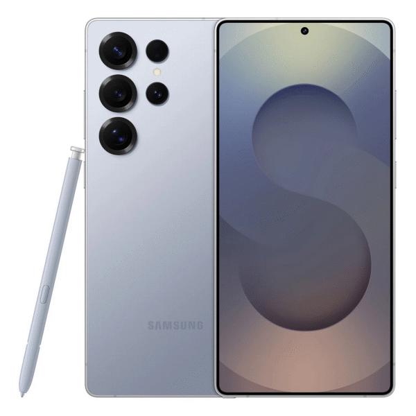 Samsung S25 Ultra 5G (256 GB, Titanium, Utmärkt skick) har en stor skärm med en "S"-grafik, fyra bakre kameralinser plus blixt och inkluderar en S Pen.