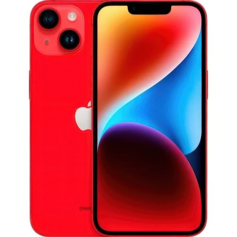 En röd iPhone 14 (128 GB) i utmärkt skick (90% batteri) med dubbla bakre kameror, vit Apple-logotyp, rundade kanter och modern design visas med en livfull abstrakt bakgrundsbild.