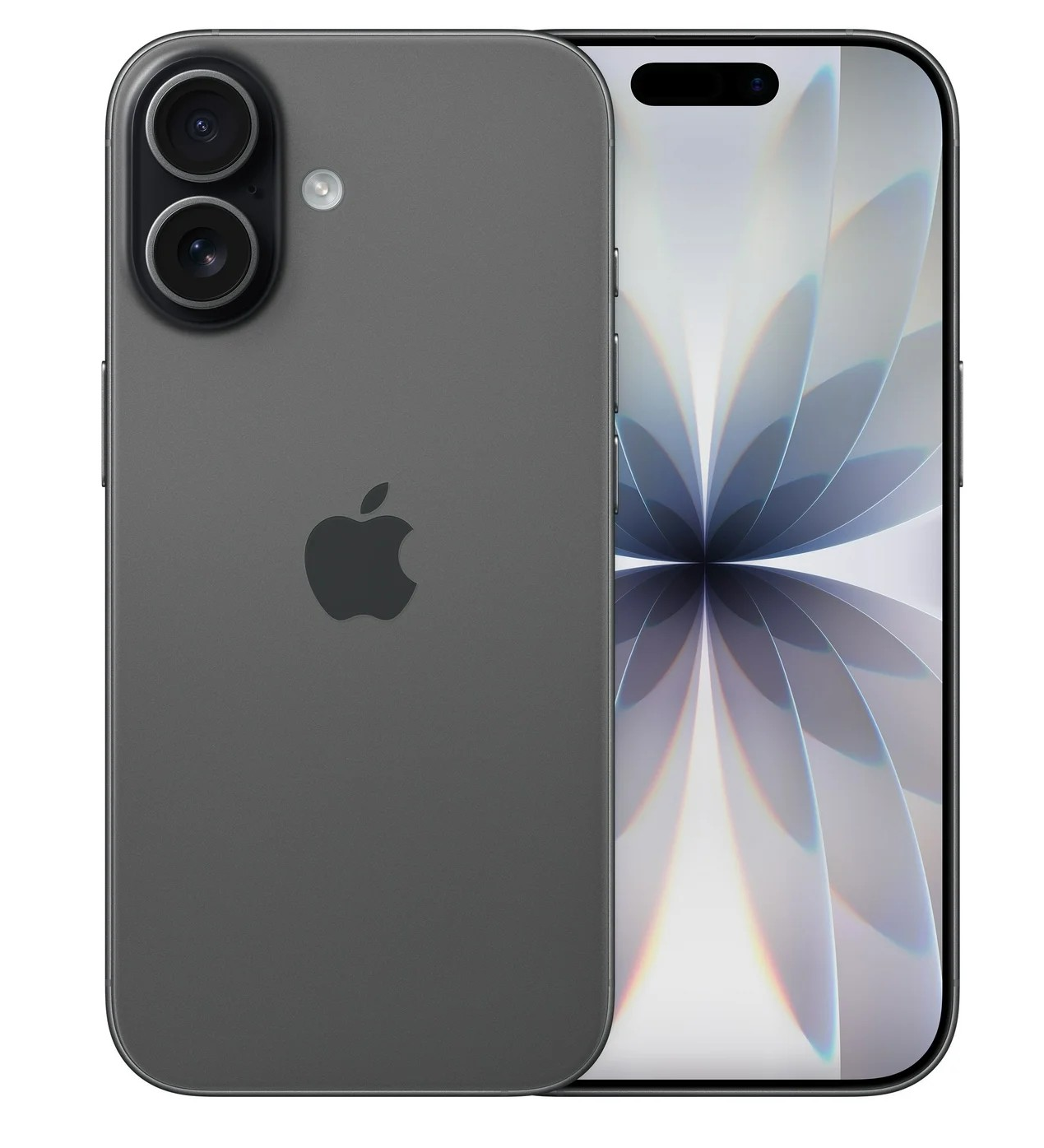 En svart iPhone visas från fram- och baksidan. På baksidan finns två kameralinser och Apple-logotypen, medan framsidan visar en geometrisk, blomliknande abstrakt tapet på skärmen.