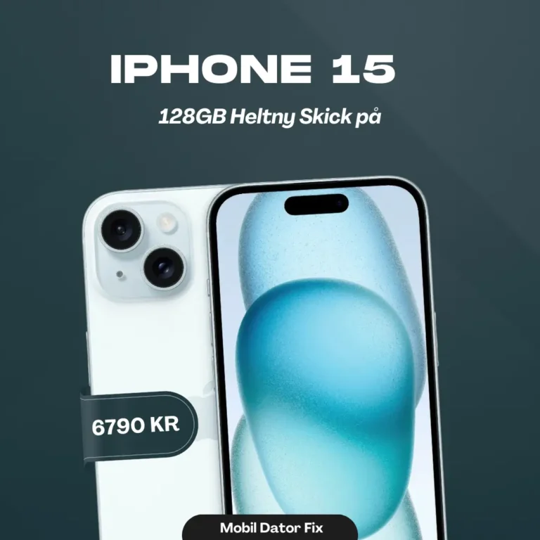 En blå iPhone 15, 128GB, i Helt Nyskick, med dubbla bakre kameror och blå bakgrundsbild. Text ovan: "iPhone 15 blå 128GB Helt Nyskick." Prislapp: "6790 KR." Text längst ner: "Mobil Dator Fix.