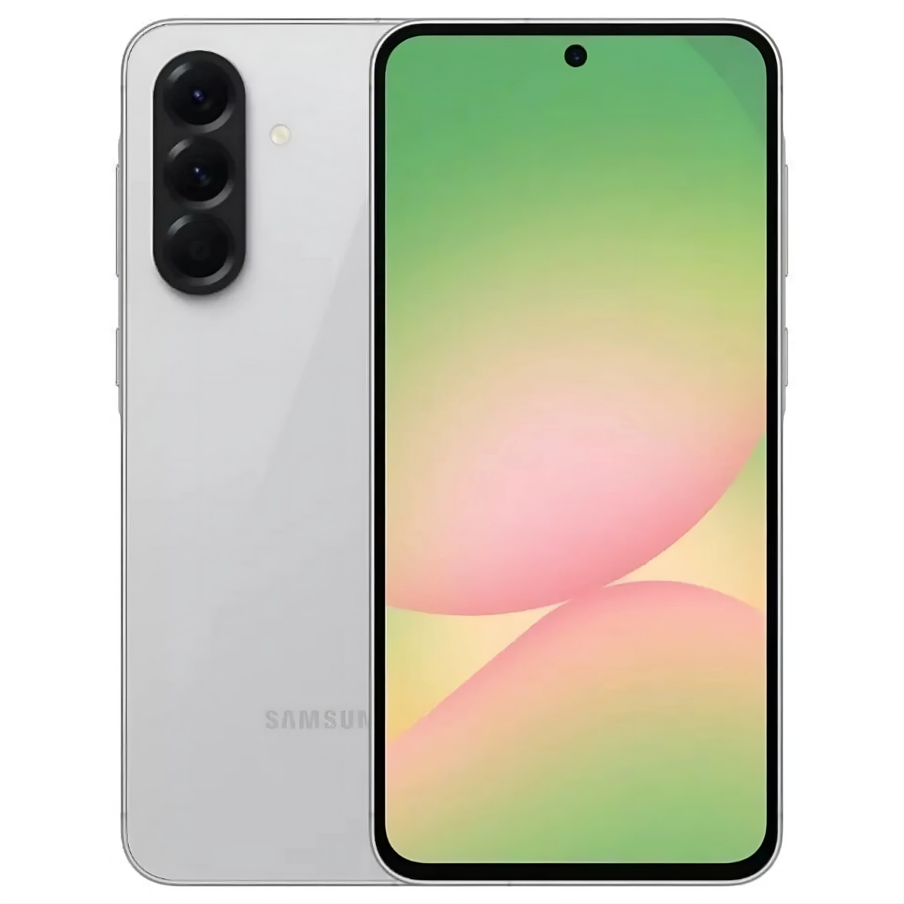 Samsung A56 Rosa 128 GB 5G Helt Ny (Copy) visas framifrån och bakifrån; skärmen är på med en färgstark gradientbakgrund och baksidan har tre vertikala kameralinser plus en LED-blixt. Samsung A56 light gray