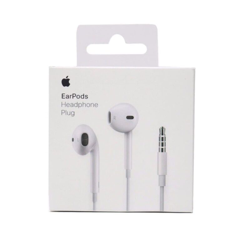 En vit låda med Apple Original EarPods HeadPhone Plug 3.5m A1472, med en bild av hörlurarna och 3,5 mm ljuduttag på framsidan, plus Apple-logotypen och texten "EarPods HeadPhone Plug".