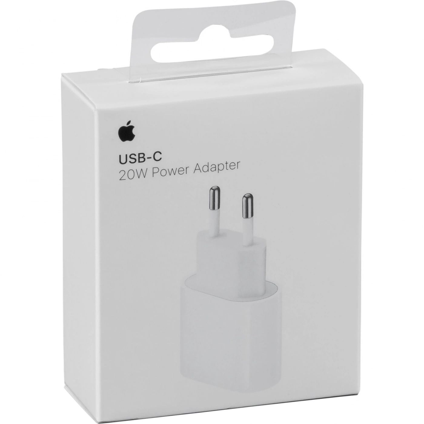 En vit detaljhandelsförpackning för Apple (MHJE3ZM/A) USB-C 20W Strömadapter Väggladdare, med en bild av adaptern med två runda europeiska tappar och Apples logotyp och produktnamn i svart text. En vit detaljhandelsförpackning för Apple (MHJE3ZM/A) USB-C 20W Strömadapter Väggladdare, med en bild av adaptern med två runda europeiska tappar och Apples logotyp och produktnamn i svart text.