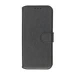 IPhone 16 Plånboksfodral Magnet Rvelon - Svart är ett plånboksfodral i svart läder med en frontklaff och magnetlås, visat stängt och sett framifrån.