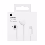 Vit detaljhandelsförpackning för Apple EarPods med Lightning Connector. Framsidan visar Apple-logotypen, produktnamnet och en bild av de vita EarPods och deras Lightning-kontakt.