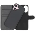 IPhone 16 Plånboksfodral Magnet Rvelon - Svart är öppen och visar kortfack till vänster, en iPhone-insida med dubbla linser till höger och ett synligt magnetlås.