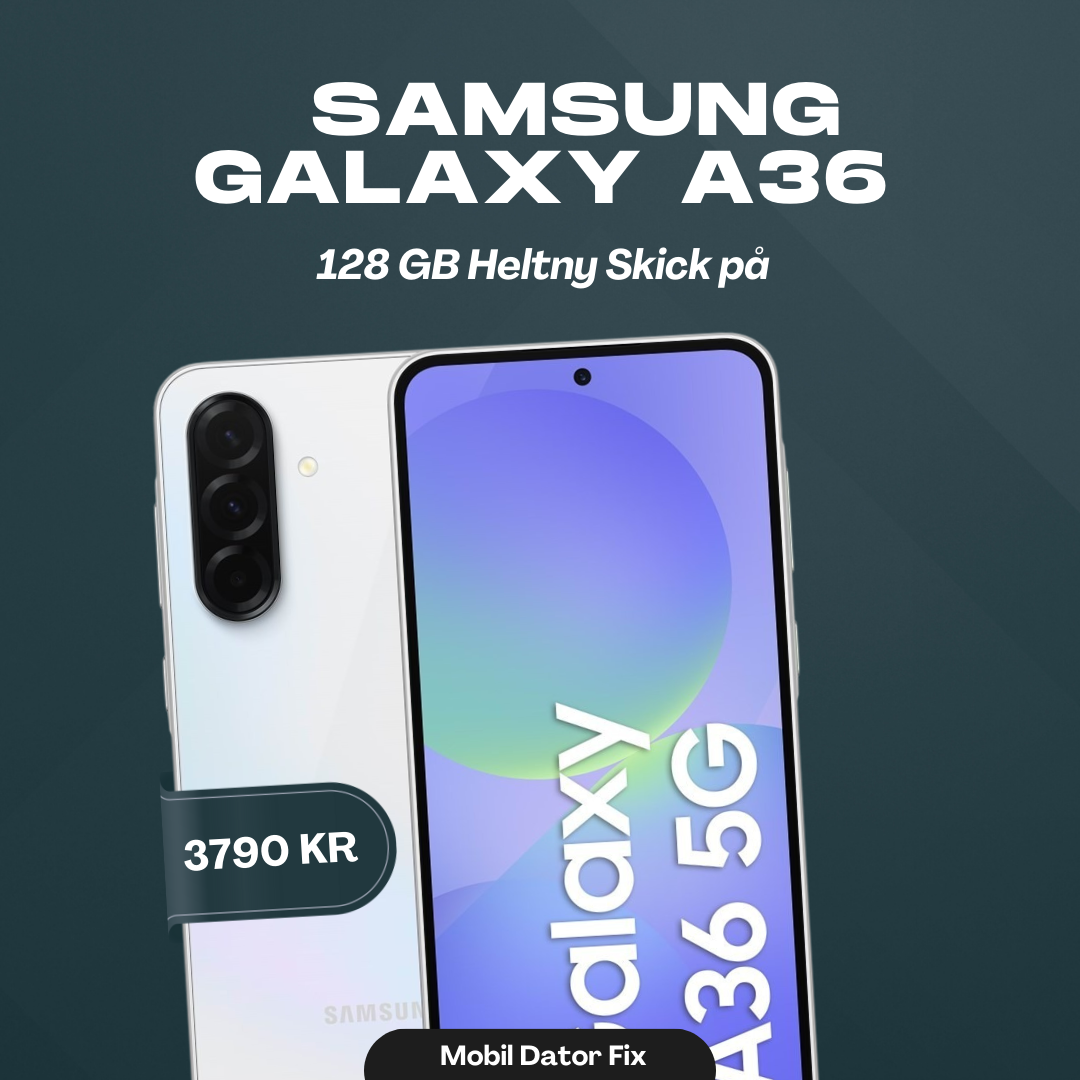 En annons för Samsung A36 5G 128 GB Vit Helt Ny smartphone visar telefonen med en trippel bakre kamera, pris på 3790 KR och "Mobil Dator Fix" längst ner, allt på en mörk bakgrund.