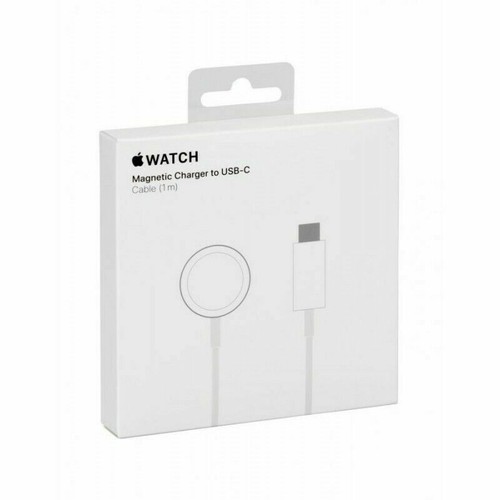 En vit detaljhandelsförpackning för MAGNETIC CHARGER to USB-C CABLE 1 meter, med enkla linjeteckningar av laddaren och USB-C-kontakten på framsidan.