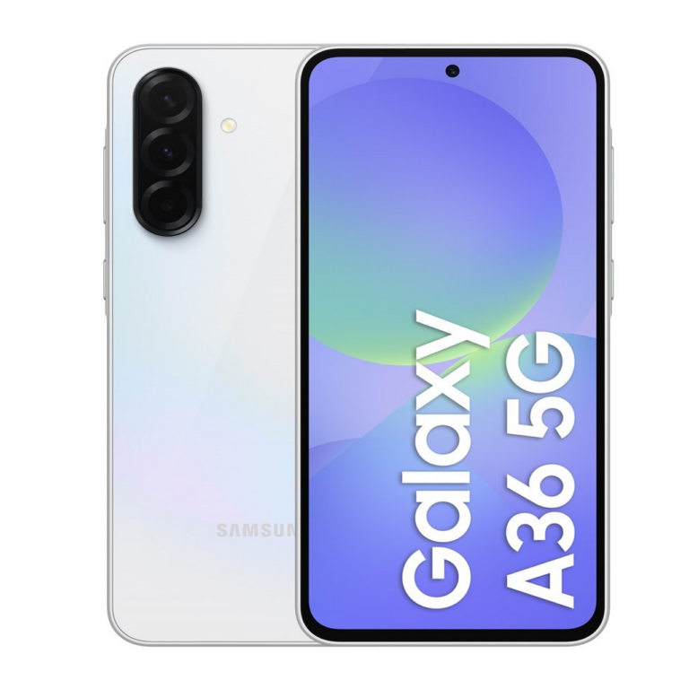 En svart Samsung A36 5G 128 GB smartphone visas, med en färgstark "Galaxy A36 5G" -grafik på framsidan och tre vertikalt inriktade bakre kameror.