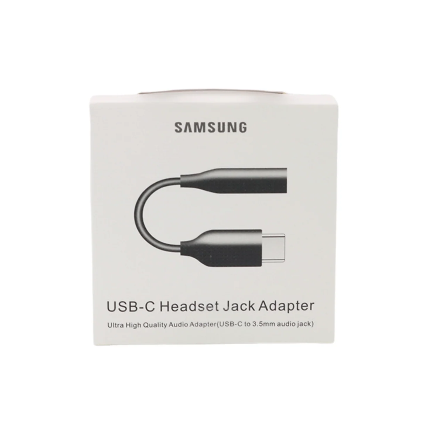 En Samsung USB-C Headset Jack Adapter-låda, som visar en bild av adaptern, som har en USB-C-kontakt i ena änden och ett 3,5 mm ljuduttag i den andra. Lådan är vit med svart text. En Samsung USB-C Headset Jack Adapter-låda, som visar en bild av adaptern, som har en USB-C-kontakt i ena änden och ett 3,5 mm ljuduttag i den andra. Lådan är vit med svart text.