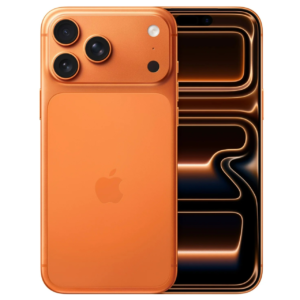 IPhone 17 Pro Orange 256GB HeltNy visas framifrån och bakifrån, med tre bakre kameror, en Apple-logotyp på baksidan och en abstrakt svart och orange glödande tapet på displayen.