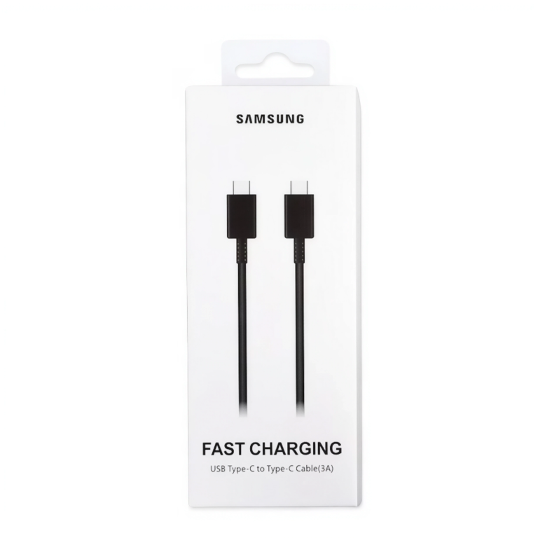I en vit Samsung-förpackning finns två svarta USB Type-C till Type-C-kablar, märkta "FAST CHARGING" och "USB Type-C to Type-C Cable (3A)" på framsidan.