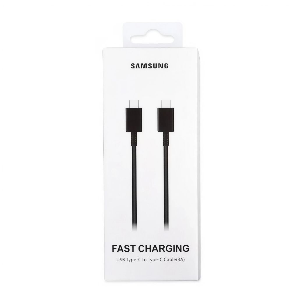 I en vit Samsung-förpackning finns två svarta USB Type-C till Type-C-kablar, märkta "FAST CHARGING" och "USB Type-C to Type-C Cable (3A)" på framsidan. I en vit Samsung-förpackning finns två svarta USB Type-C till Type-C-kablar, märkta "FAST CHARGING" och "USB Type-C to Type-C Cable (3A)" på framsidan.
