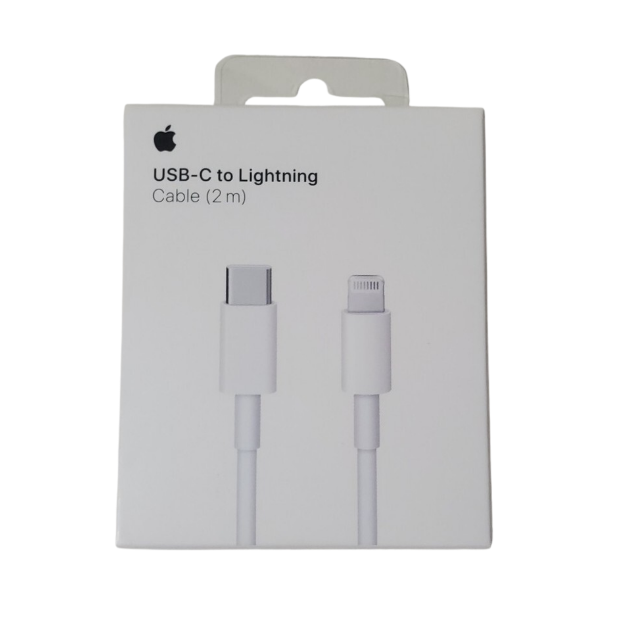 En vit detaljhandelsförpackning för APPLE USB-C TO LIGHTNING CABLE 2M visar bilder av båda kontakterna på framsidan, med Apple-logotypen och produktnamnet ovanför. En vit detaljhandelsförpackning för APPLE USB-C TO LIGHTNING CABLE 2M visar bilder av båda kontakterna på framsidan, med Apple-logotypen och produktnamnet ovanför.