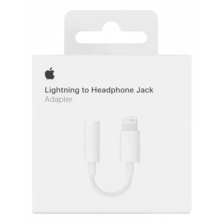 En vit detaljhandelsförpackning för Apple Lightning till 3,5 mm hörlursjackadapter visar en bild av adaptern och Apple-logotypen ovanför produktnamnet på framsidan.