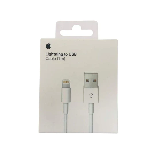 En vit låda som visar en Apple Lightning till USB-kabel (1 meter). På framsidan visas bilder av Lightning-kontakten och USB-kontakten, tillsammans med produkttext och Apple-logotypen.