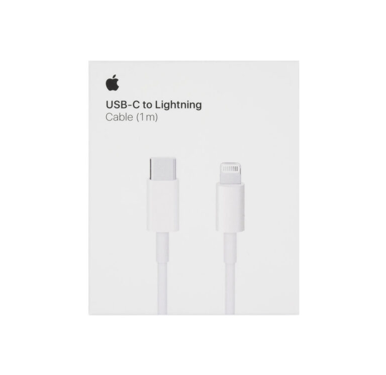 En vit låda med Apples logotyp, "Apple USB-C till Lightning-kabel, 1m" och bilder på USB-C- och Lightning-kontakterna på framsidan.