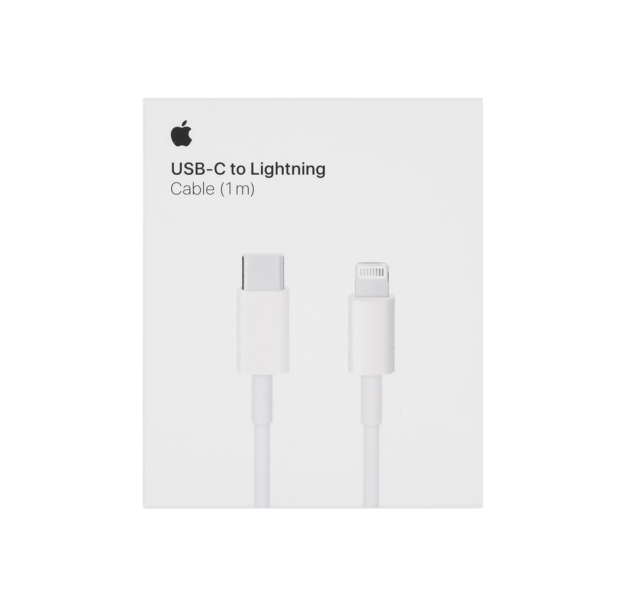 En vit låda med Apples logotyp, "Apple USB-C till Lightning-kabel, 1m" och bilder på USB-C- och Lightning-kontakterna på framsidan. En vit låda med Apples logotyp, "Apple USB-C till Lightning-kabel, 1m" och bilder på USB-C- och Lightning-kontakterna på framsidan.