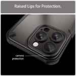 Närbild av den svarta Telefonfodralen: Nytt lyxigt utsökt halvtransparent mobiltelefonfodral för iPhone 16 Pro Max med upphöjda läppar runt kameran för extra skydd, märkt "Raised Lips for Protection.