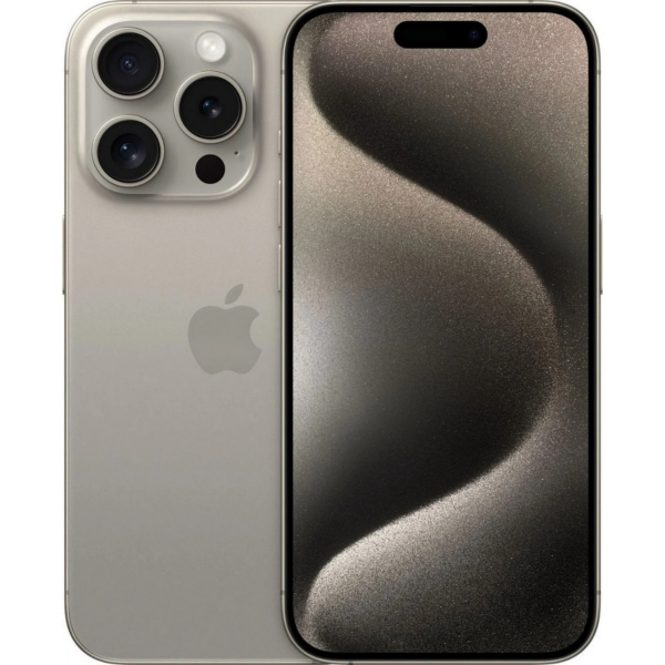 IPhone 15 Pro Svart 128GB visas i utmärkt skick med tre bakre kameror. På framsidan visas en abstrakt våg i svart och silver, och på baksidan visas Apple-logotypen. Batteri på 100%.