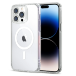 En blå och svart iPhone med en synlig trippelkamera visas i ett Transparent Case med MagSafe för iPhone X - iPhone 17, med en klar design och en cirkulär MagSafe-ring på baksidan.