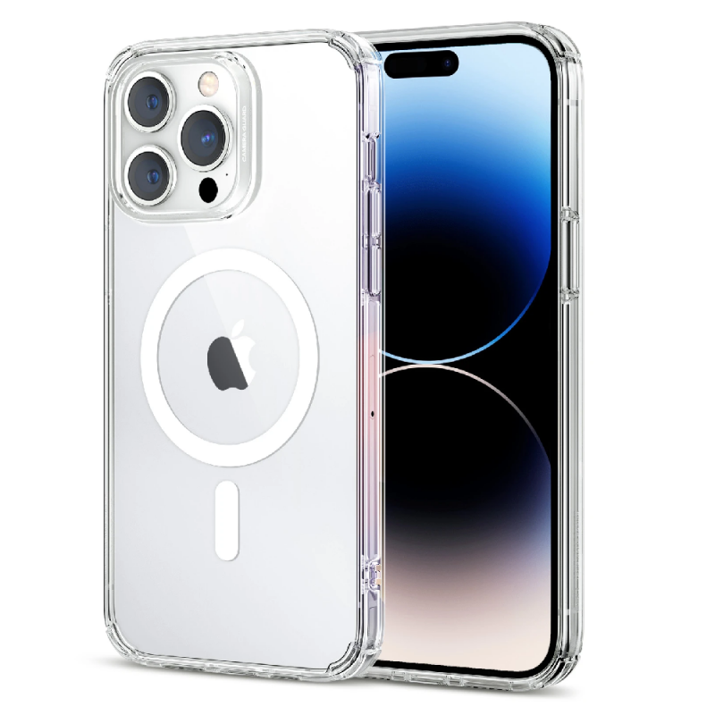 En blå och svart iPhone med en synlig trippelkamera visas i ett Transparent Case med MagSafe för iPhone X - iPhone 17, med en klar design och en cirkulär MagSafe-ring på baksidan. En blå och svart iPhone med en synlig trippelkamera visas i ett Transparent Case med MagSafe för iPhone X - iPhone 17, med en klar design och en cirkulär MagSafe-ring på baksidan.