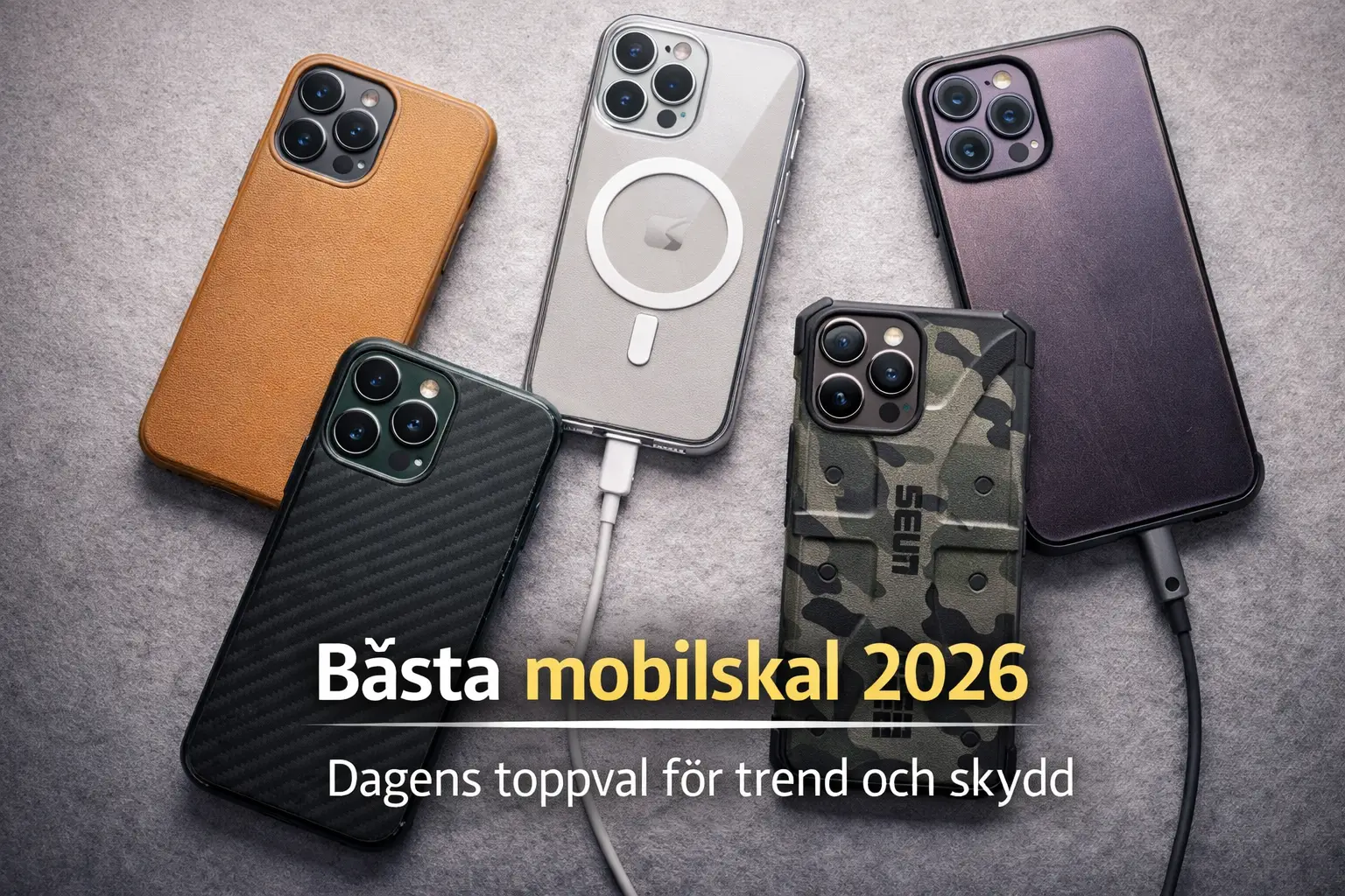 Fem smartphones med olika skal (läder, transparent med MagSafe, kolfiber, kamouflage och helsvart) är placerade på en grå yta. Svensk text lyfter fram "Bästa mobilskal 2026" och "Dagens toppval för trend och skydd.