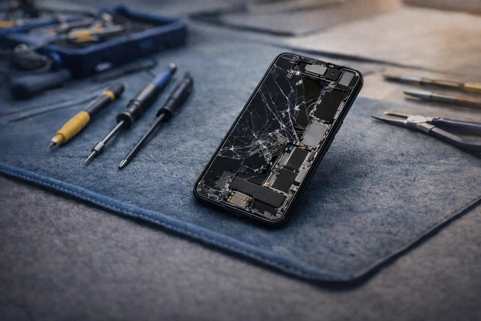 En smartphone med en krossad skärm vilar på en matta, omgiven av skruvmejslar, tänger och reparationsverktyg, vilket tyder på att den håller på att repareras eller tas isär.