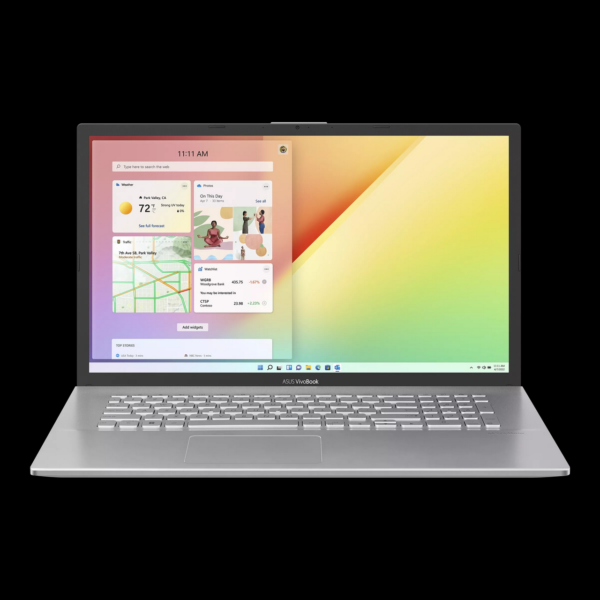 En silverfärgad Asus Vivobook 17.3 256 GB Jättebra Skick bärbar dator visar ett livfullt Windows-gränssnitt med widgets för väder, foton, kalender, kartor och nyheter på en gradientbakgrund.