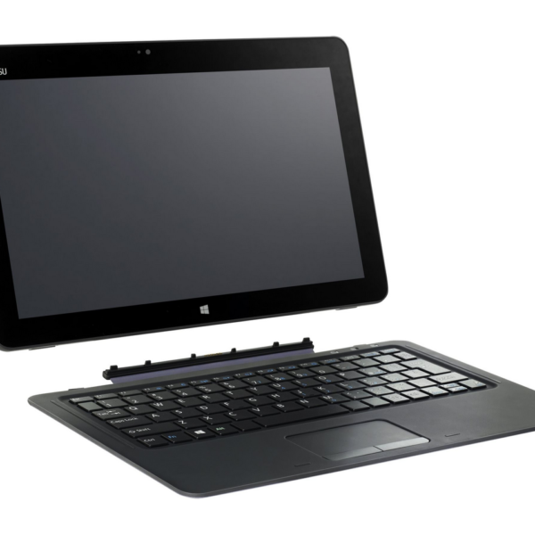 En svart Fujitsu STYLISTIC R727 12,5-tums bärbar dator med pekskärm, med skärmen borttagen och placerad ovanför tangentbordet (med pekplatta), som om den skulle tas bort eller sättas fast. Skärmen är mörk.