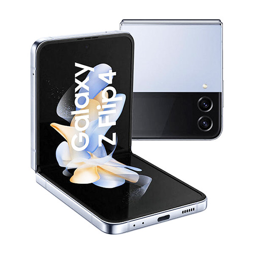 Samsung Galaxy Z Flip 4 smartphone i silver, visas delvis hopvikt med skärmen som visar modellnamnet, och separat, baksidan som visar dubbelkameran.