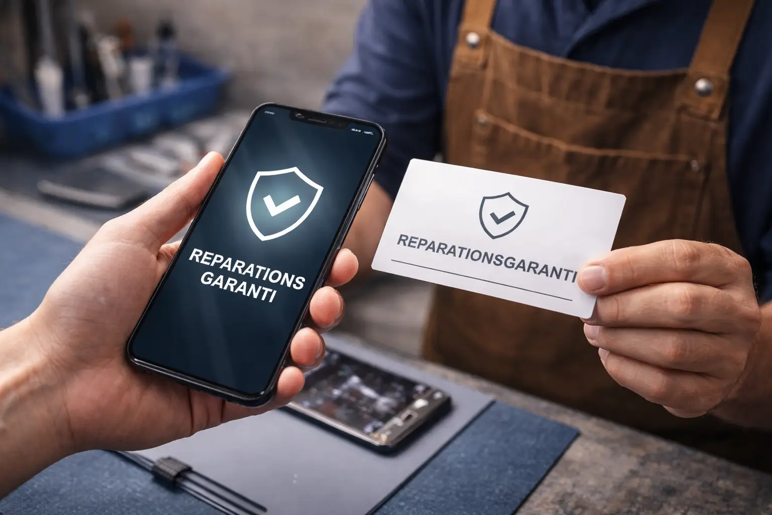 En person håller i en smartphone som visar en sköld och orden "REPARATIONSGARANTI", medan en annan person presenterar ett matchande kort i en verkstadsmiljö.